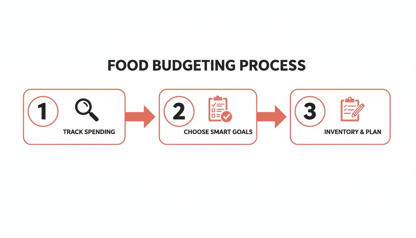 An infographic detailing a three-step food budgeting process, including tracking spending, choosing smart goals, and inventory and planning.