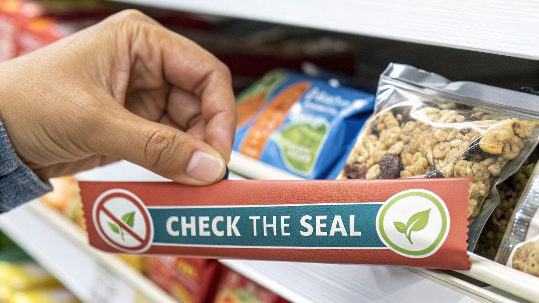 Close-up of a hand holding a sign to 'CHECK THE SEAL' on food packaging.