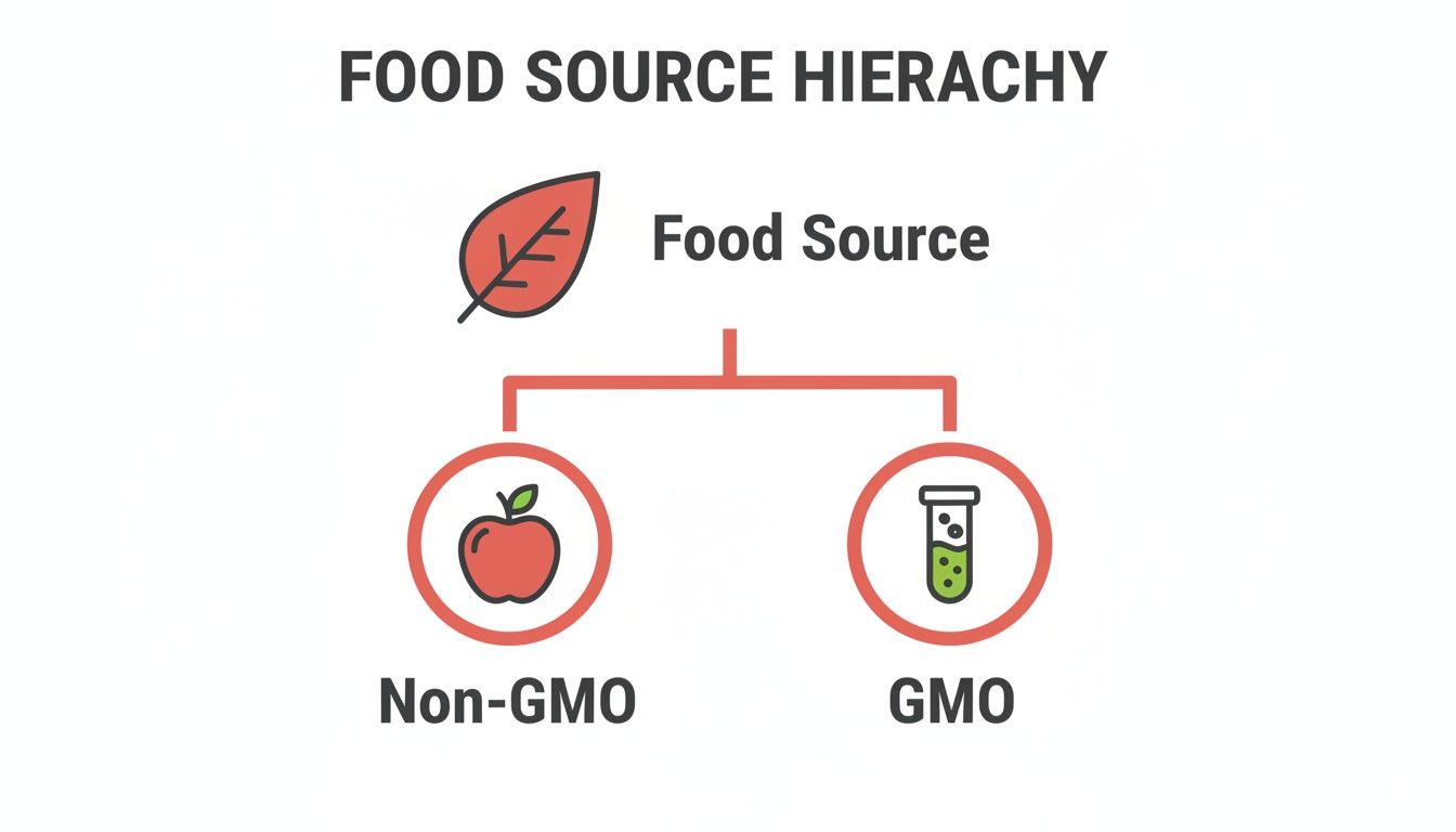 A diagram illustrates the food source hierarchy, categorizing food into Non-GMO (apple icon) and GMO (test tube icon).