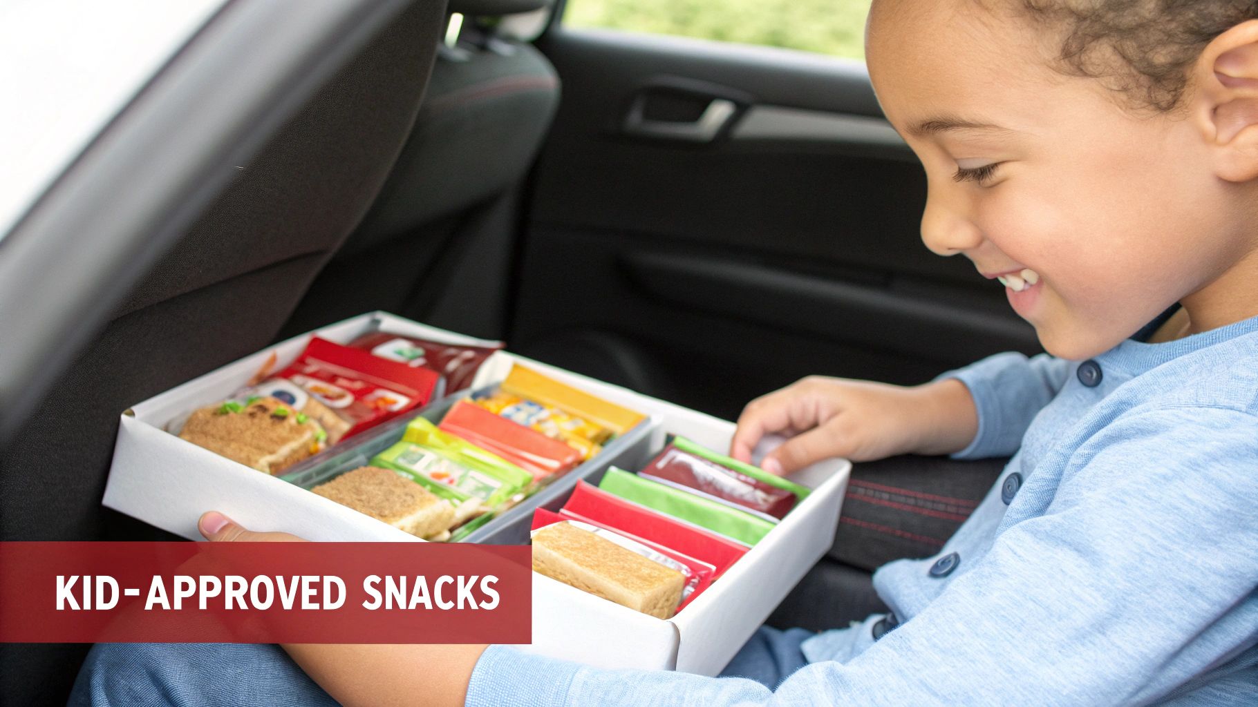 A happy child in a car seat smiles at a box filled with various kid-approved travel snacks.