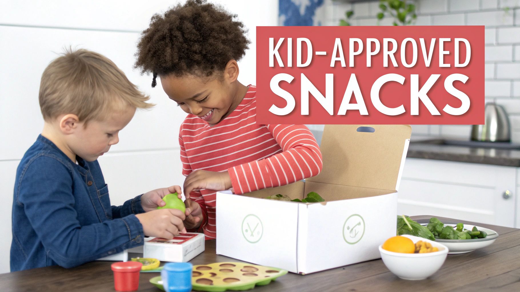Two smiling children unpack a healthy snack subscription box, with fruit and greens on the table.