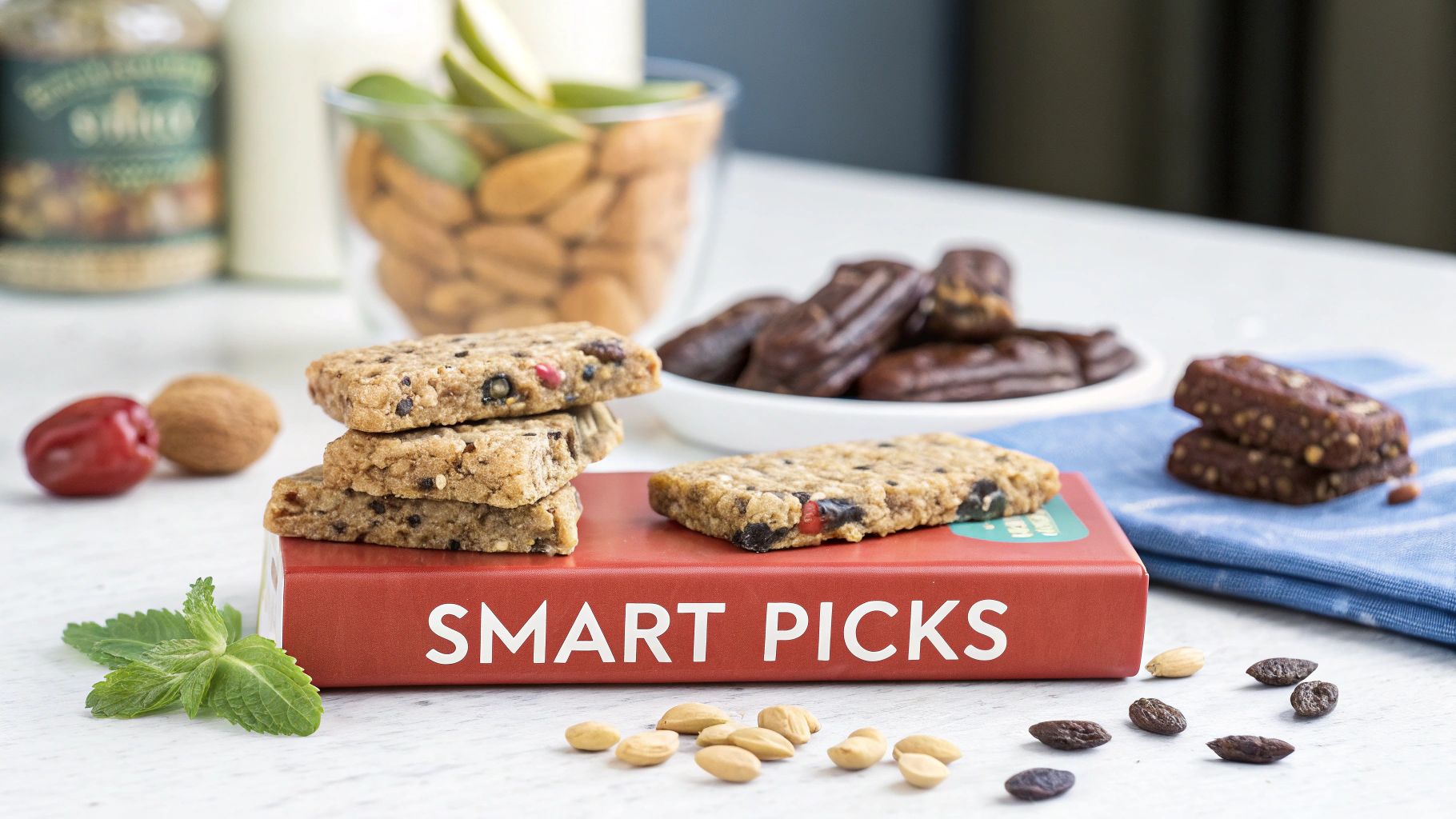 Healthy snack bars, nuts, dates, and a mint sprig arranged on a white table with a 'SMART PICKS' book.