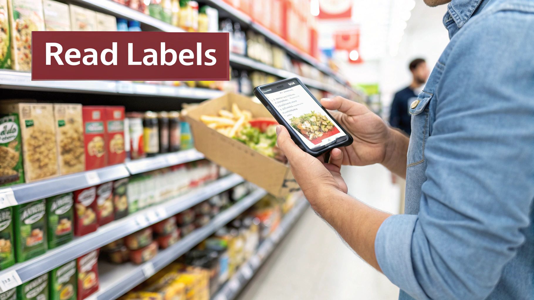 A person in a grocery store aisle holds a smartphone and a box of food, reading labels.