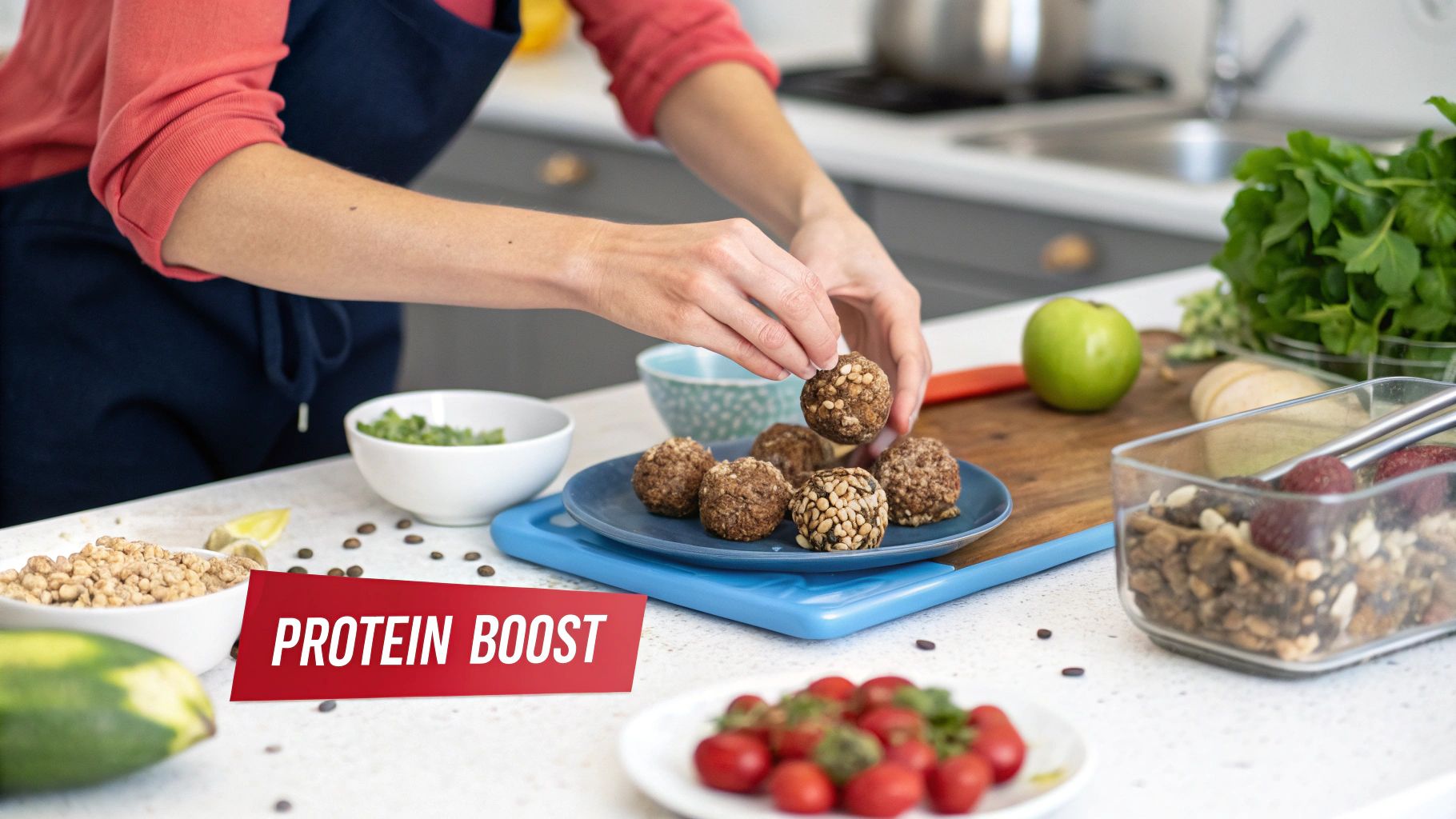 A delicious spread of high protein vegan snacks including nuts, seeds, and roasted chickpeas.