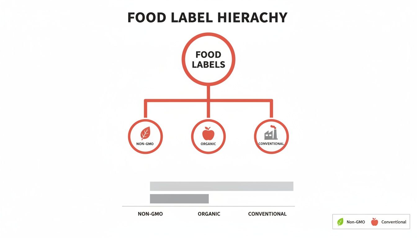 Hierarchy diagram illustrating food labels: Non-GMO, Organic, and Conventional, with comparative bar charts below.