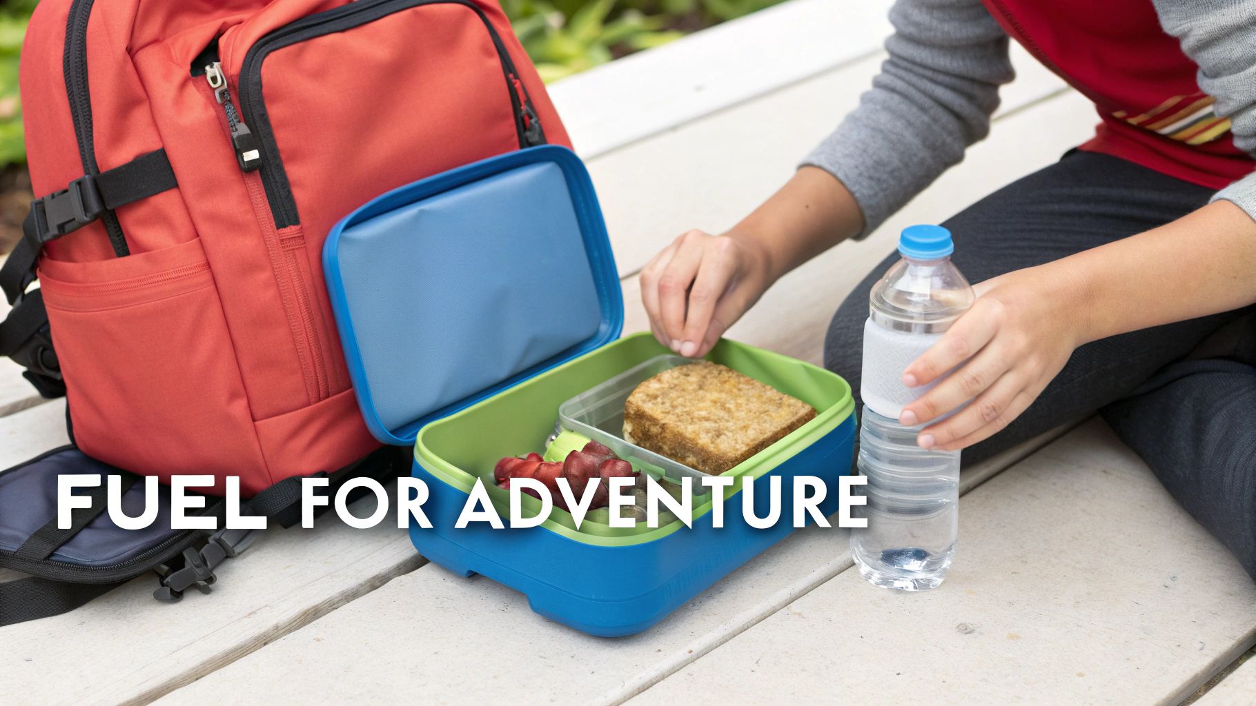 Child preparing a healthy packed lunch with a sandwich, fruit, and water bottle next to a red backpack.