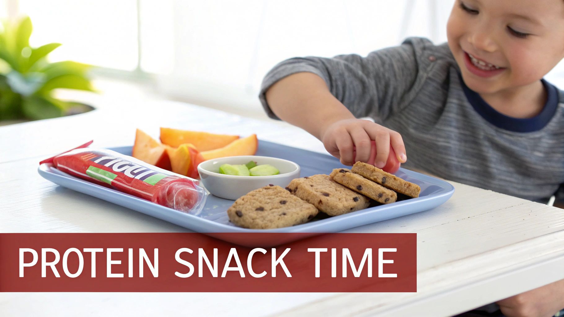 A happy child reaches for chocolate chip cookies on a snack tray with fruit and a protein pouch.