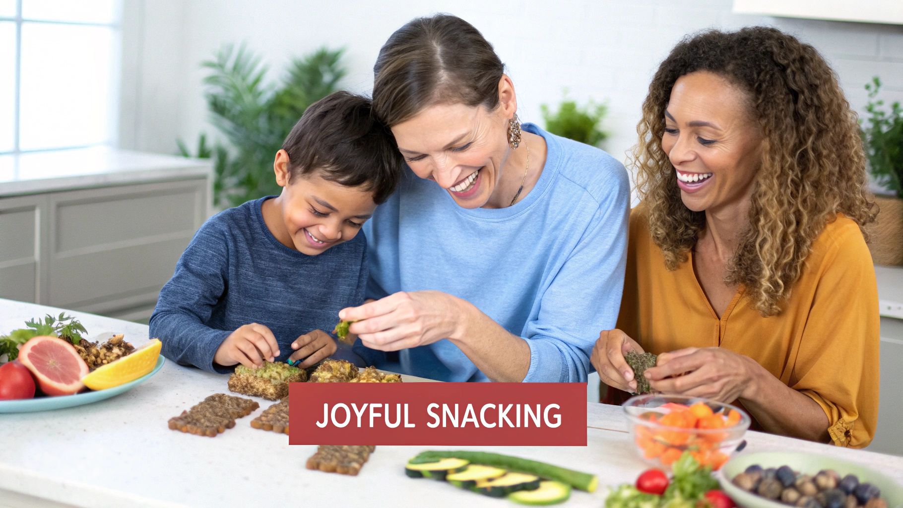 Three happy people of different ages are preparing and enjoying healthy plant-based snacks together.