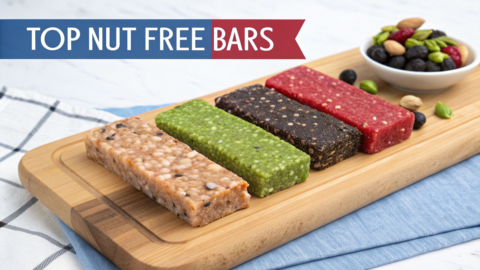 A variety of colorful nut free bars made from fruits and seeds laid out on a table.