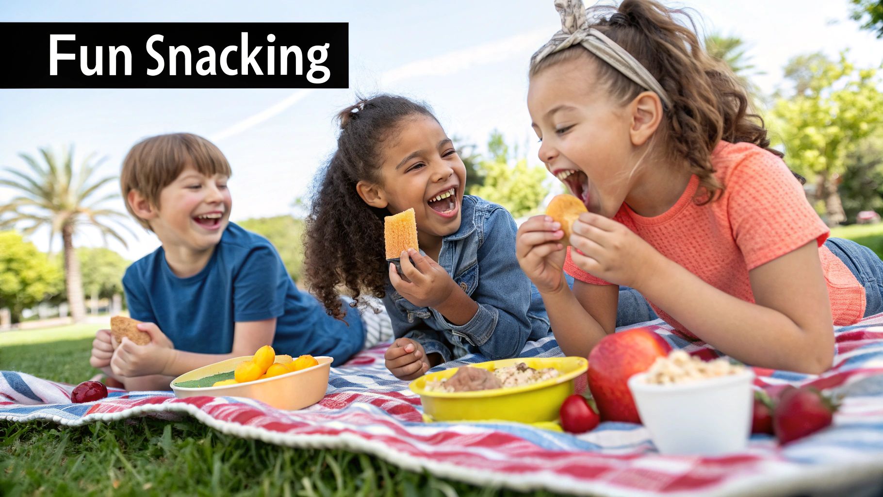 A young child smiles happily while eating a Skout Organic Kids Snack Bar at a park picnic.
