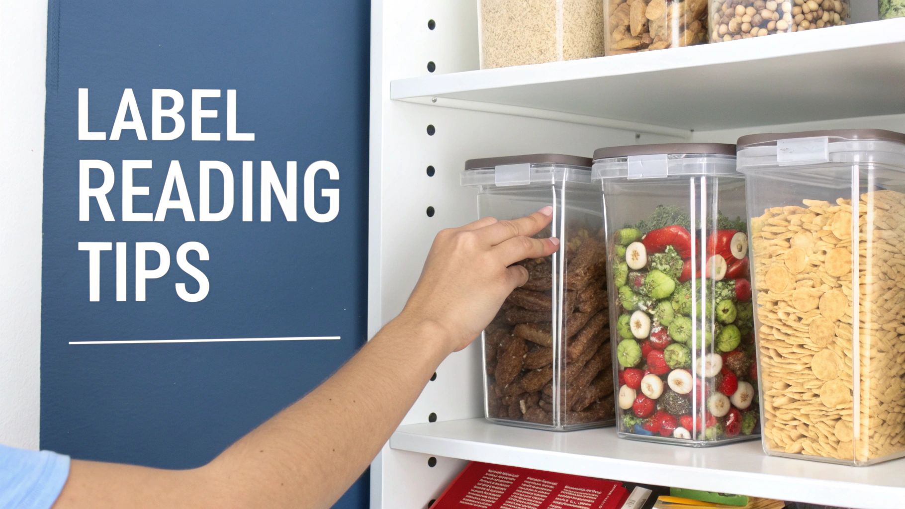 A hand reaches for a clear food container on a white pantry shelf, with "LABEL READING TIPS" on a blue wall.