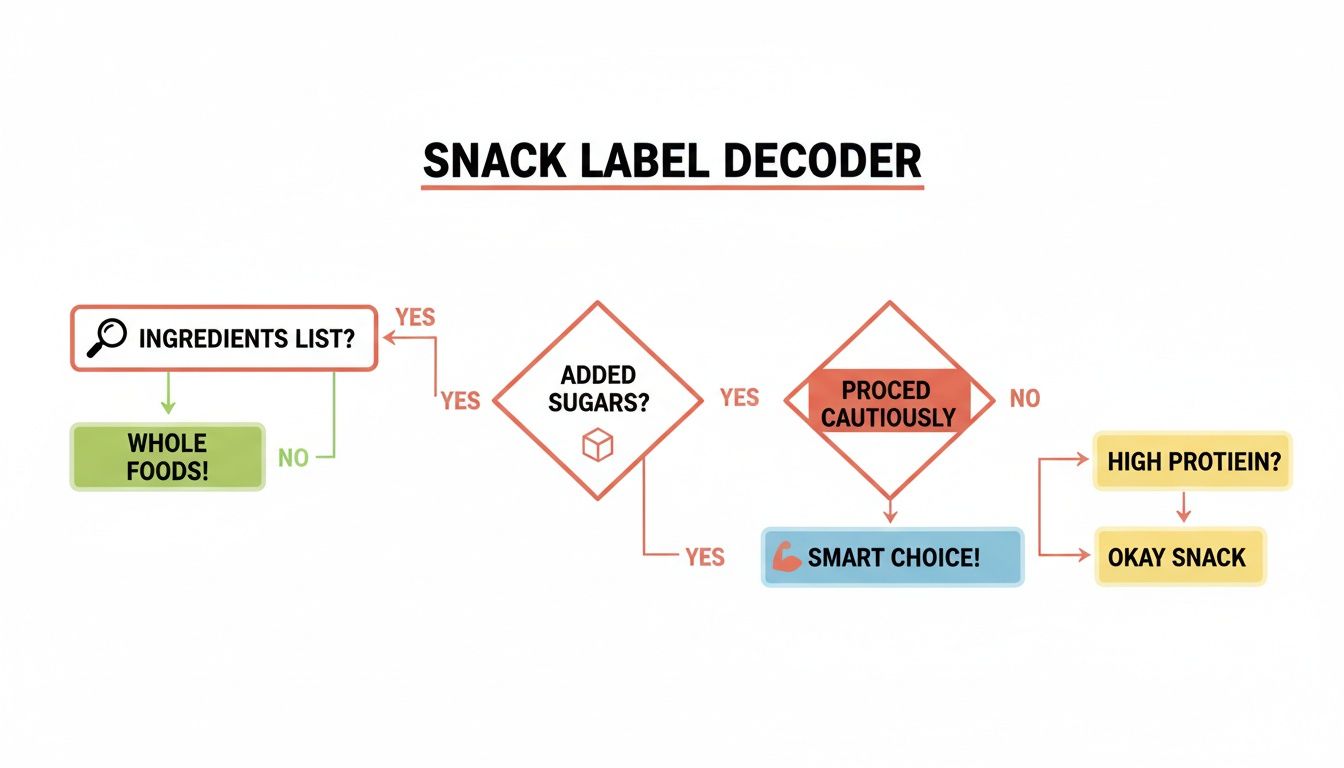 Flowchart illustrating a snack label decoder, guiding users through ingredients, sugars, and protein to make smart choices.