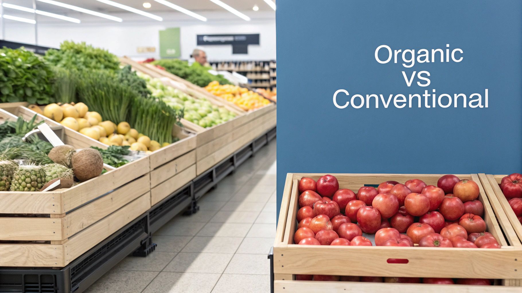 A vibrant grocery store aisle filled with fresh produce in wooden crates, featuring 'Organic VS Conventional' text.