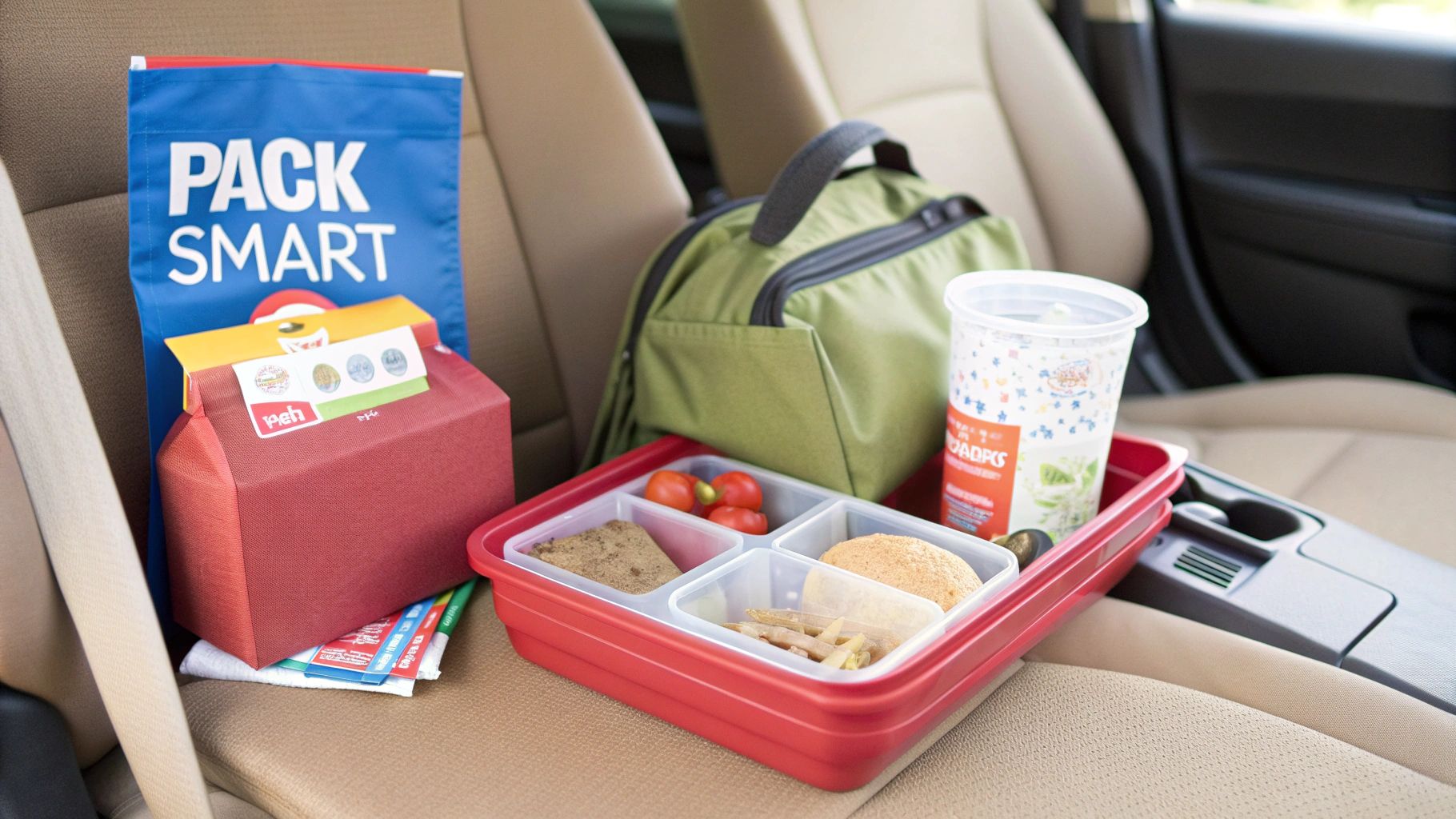 A packed lunch with a red bento box, cooler bag, and drink on a car seat.