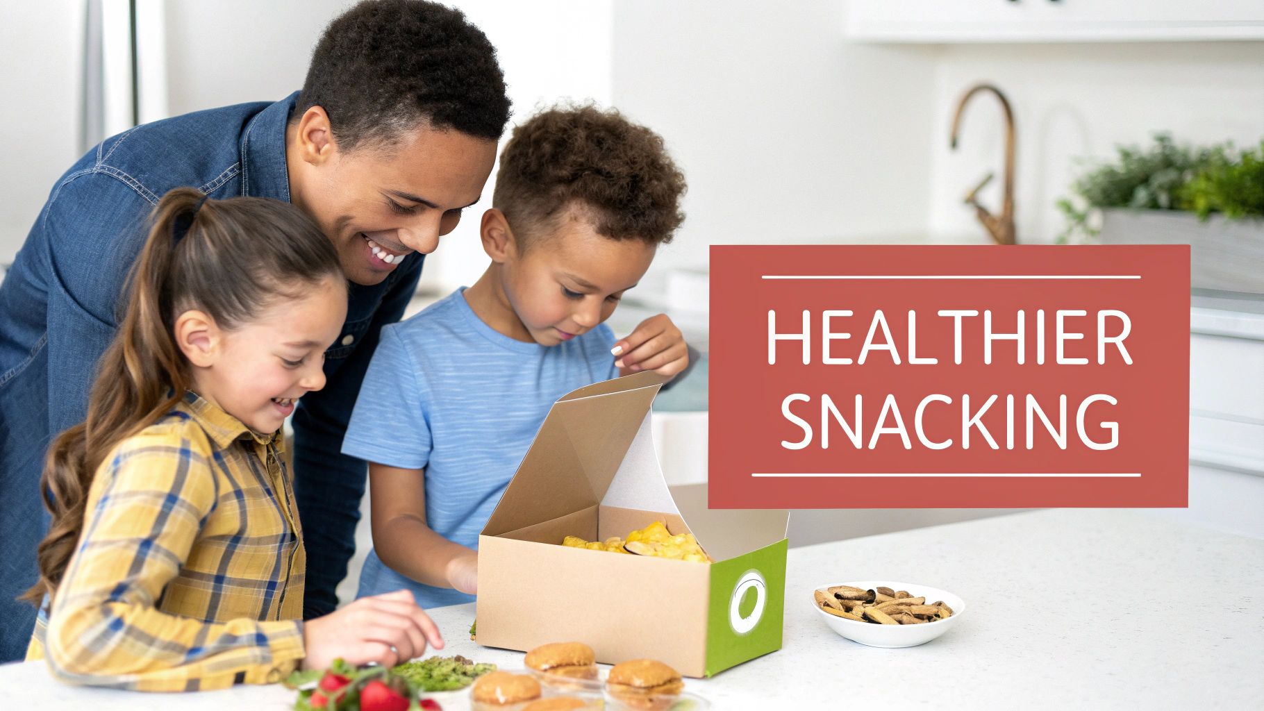 A vibrant, healthy organic snack box filled with fruits, nuts, and snack bars.