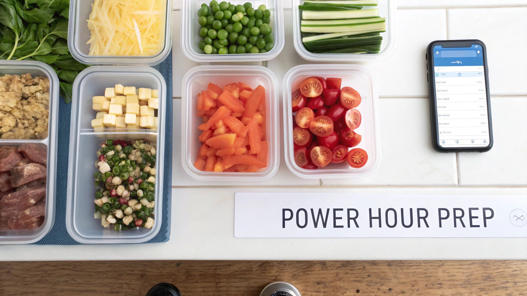 Overhead view of various healthy prepped meal ingredients in containers with a smartphone.