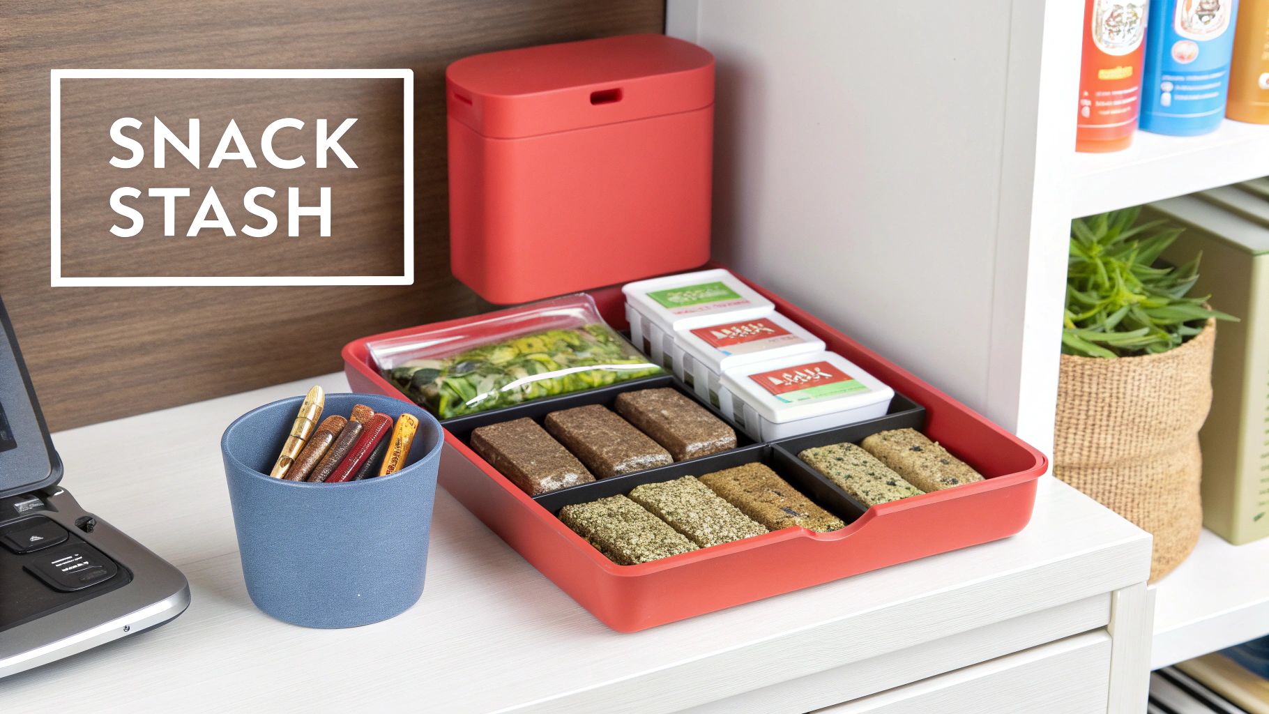 An organized snack stash with energy bars, small containers, and a bag of greens on a desk.