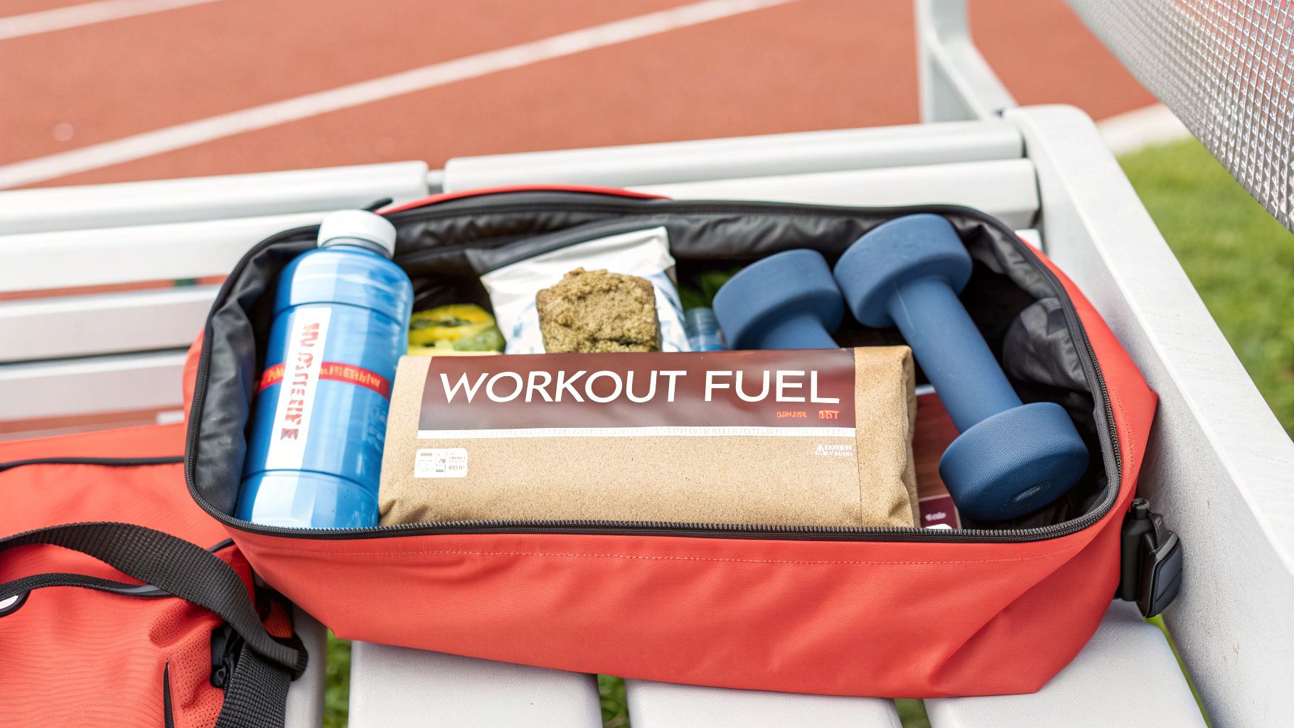 An open red gym bag filled with a blue water bottle, 'WORKOUT FUEL' package, dumbbells, and a snack.
