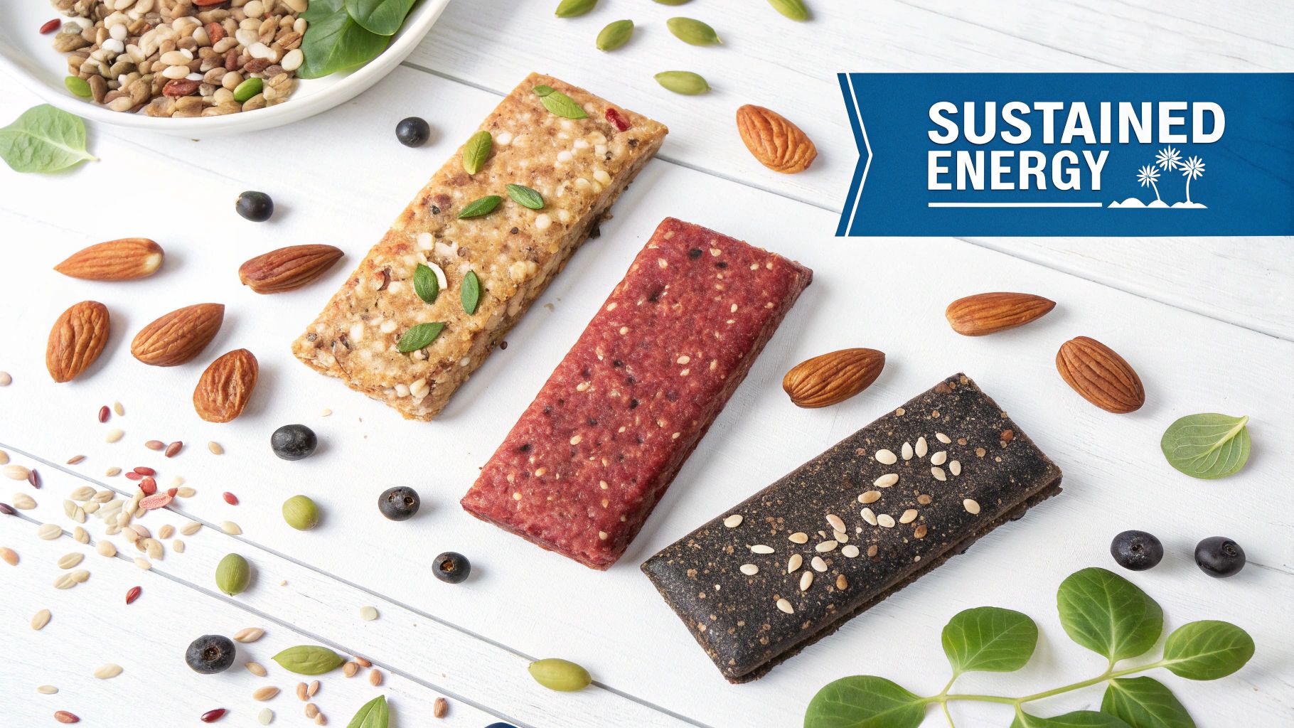 Three healthy snack bars with almonds, seeds, and blueberries on a white wooden surface, promoting sustained energy.