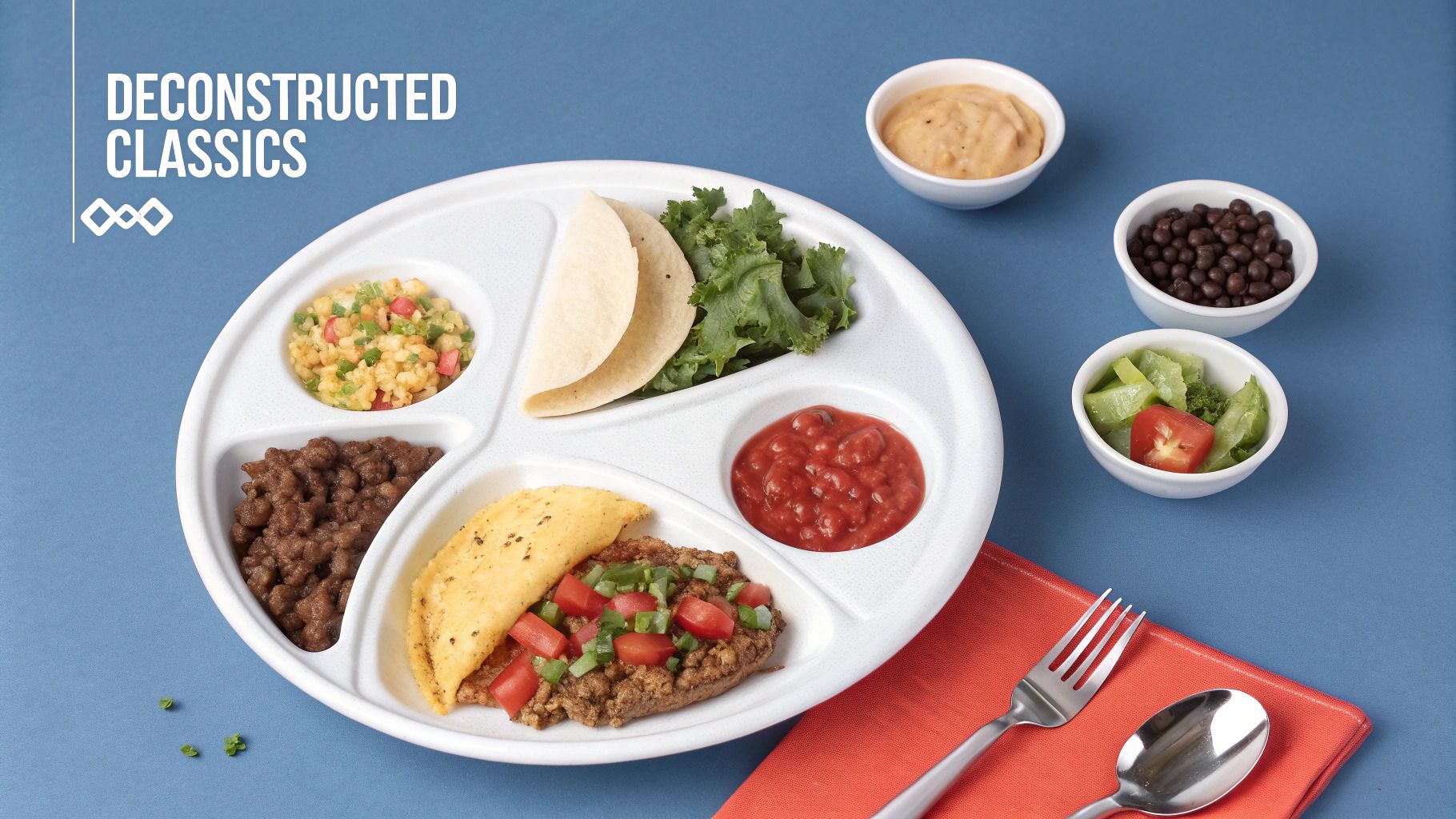 A vibrant deconstructed taco meal on a segmented plate, featuring ground beef, shells, salsa, and vegetable sides.