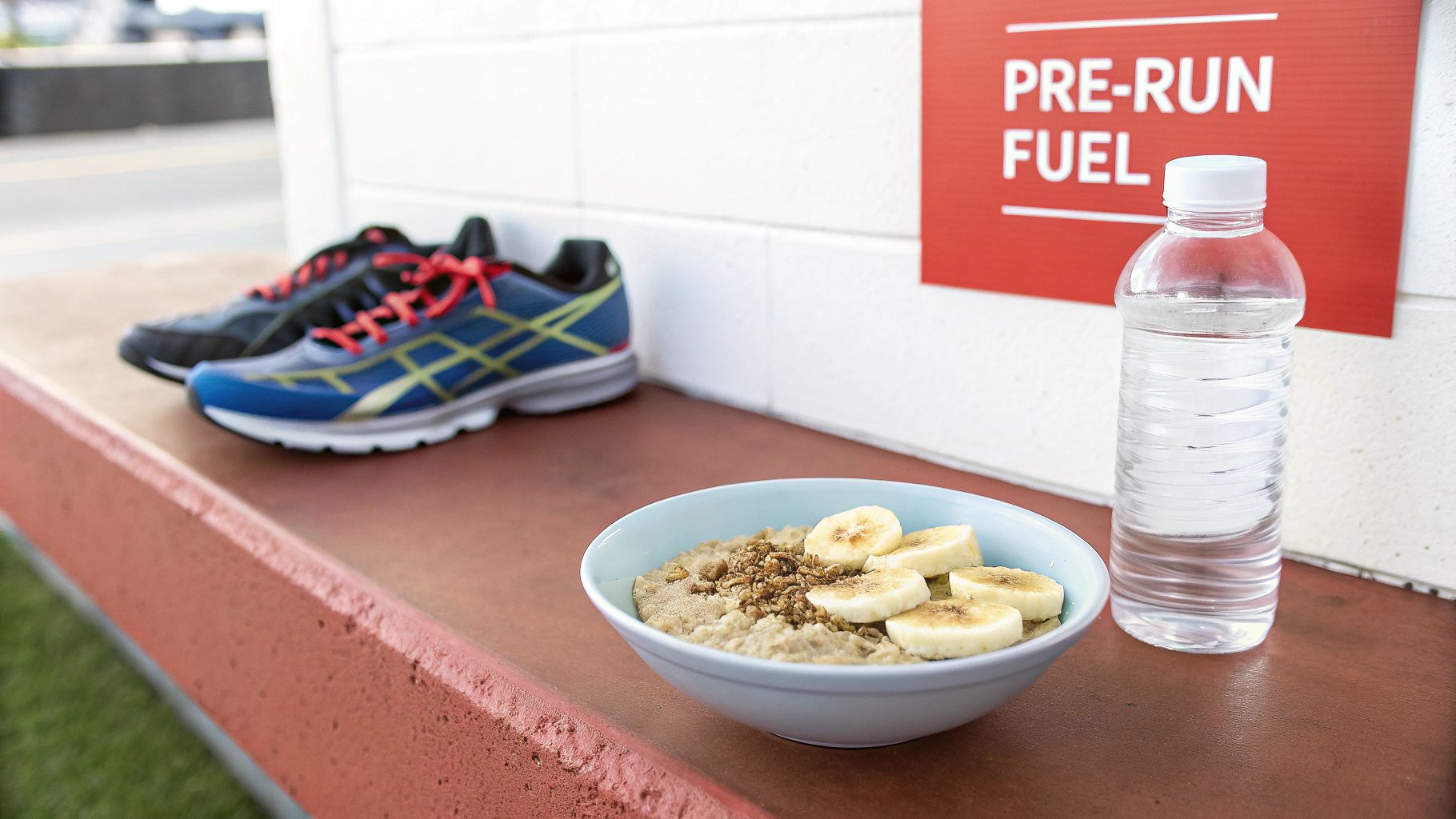A bowl of oatmeal with bananas, a water bottle, and running shoes, ready as pre-run fuel.