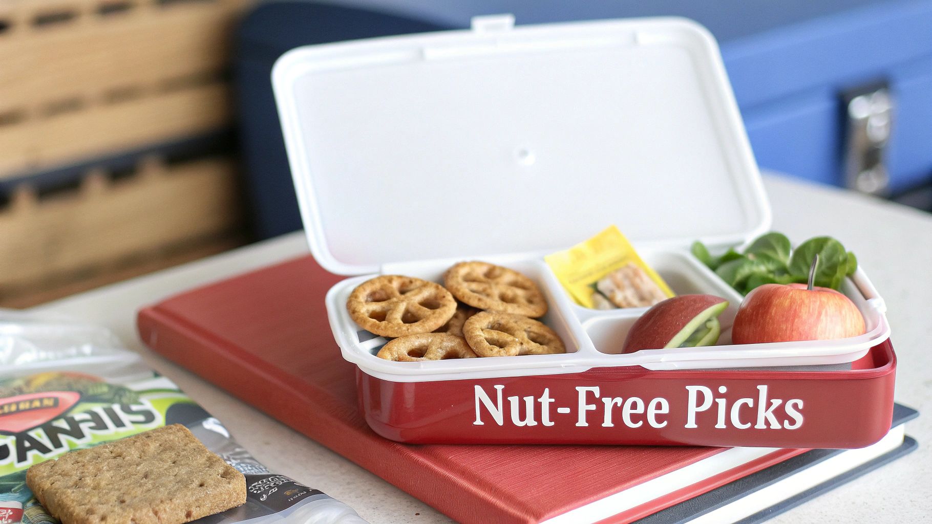 A red nut-free lunchbox filled with crackers, fruit, and greens, ready for school.