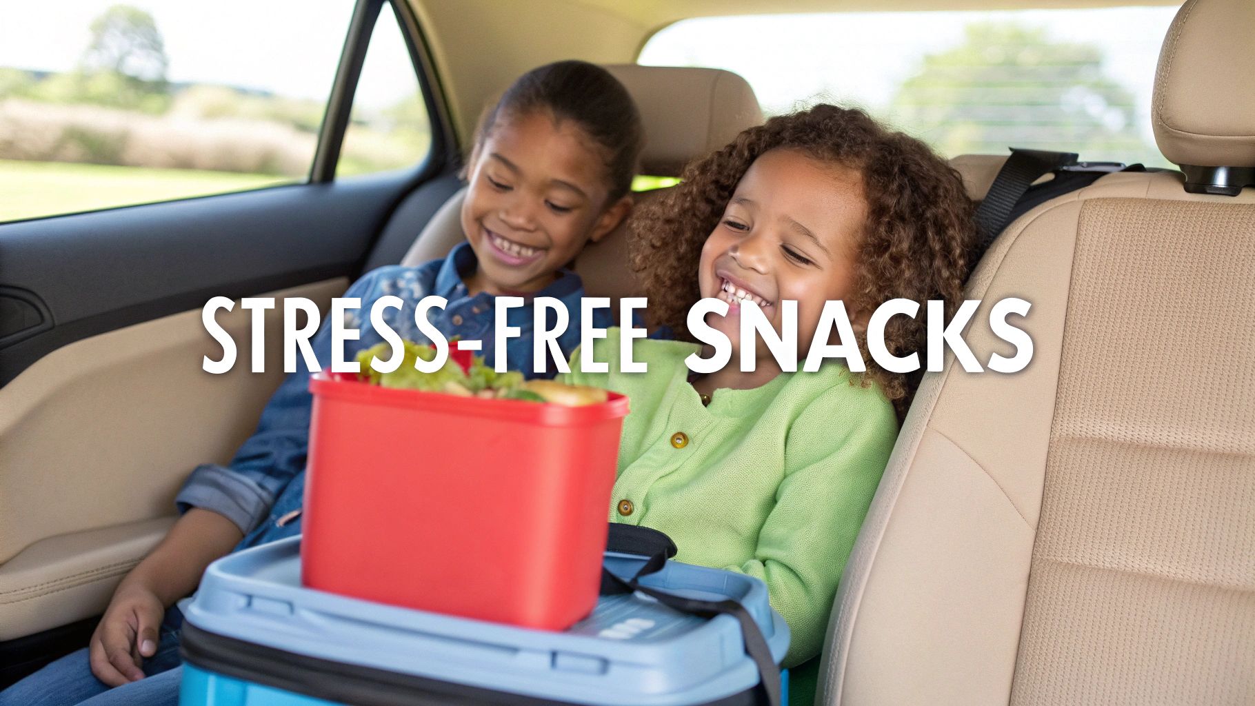 A happy child eating a snack bar in the back of a car during a family road trip.