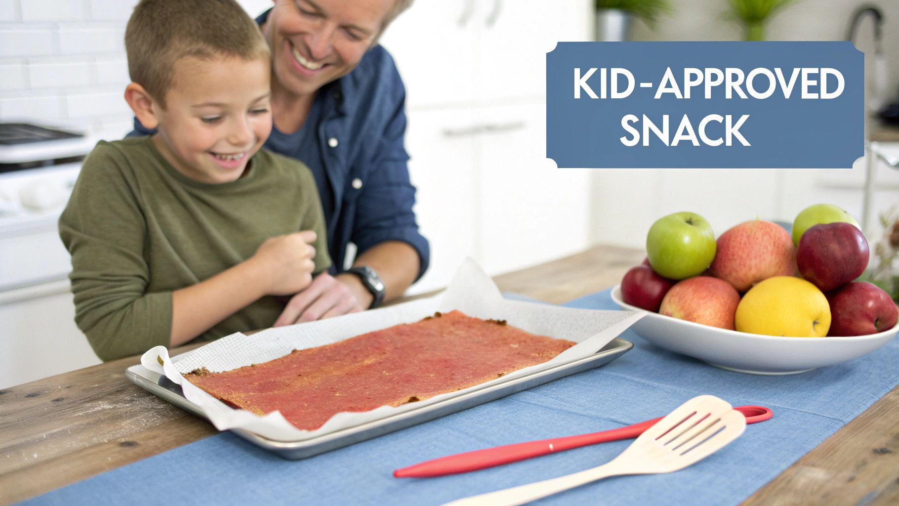 A smiling father and son look at homemade fruit leather in a kitchen, with a bowl of apples.