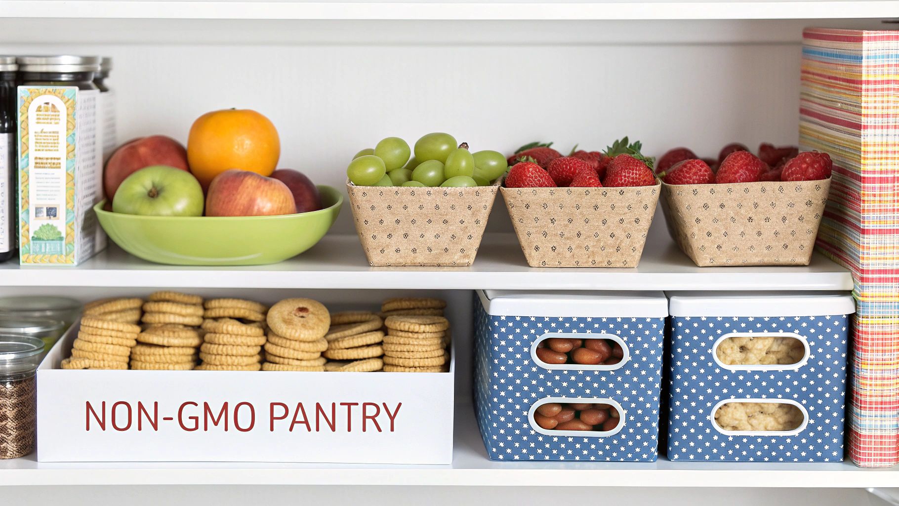 Organized non-GMO pantry shelves with fresh fruits, cookies, and blue storage containers