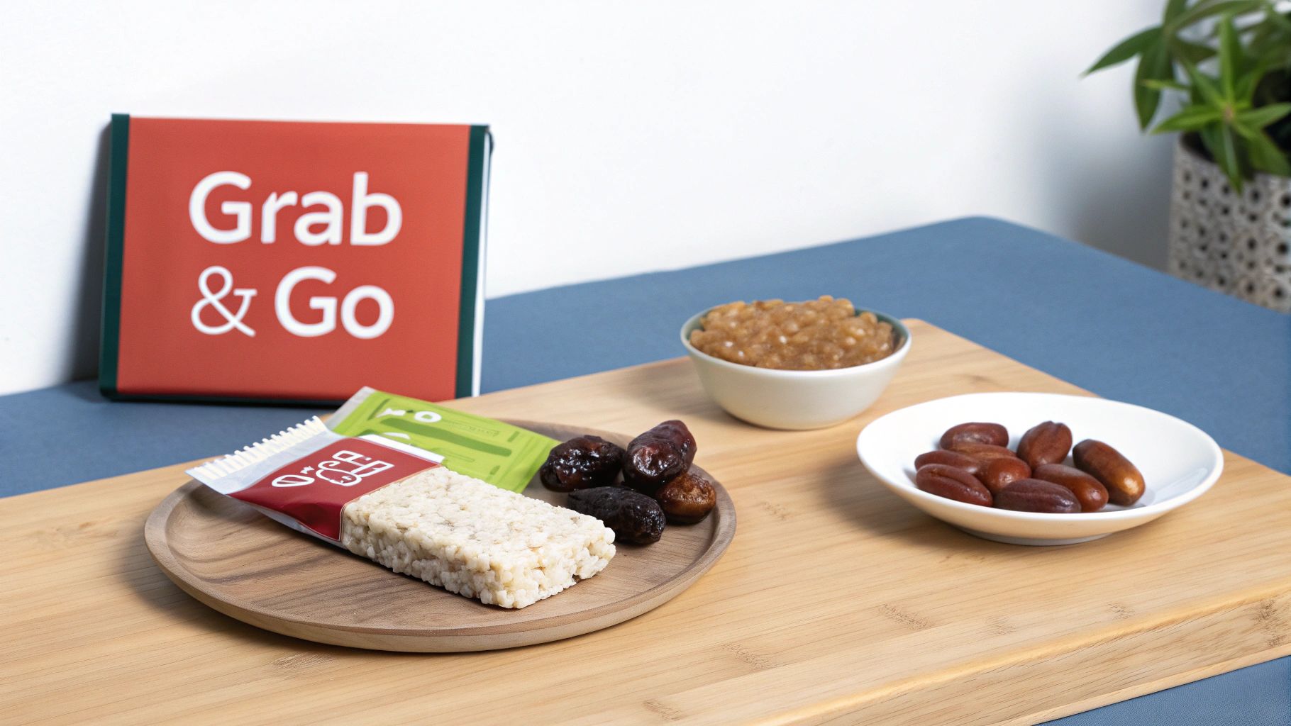 Healthy grab-and-go snacks on a wooden board, including a protein bar, dates, and applesauce.