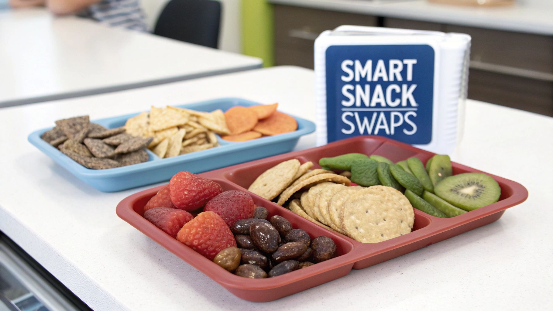 Two snack trays with various healthy snacks like fruits, crackers, nuts, and vegetable chips, with a 'Smart Snack Swaps' container.