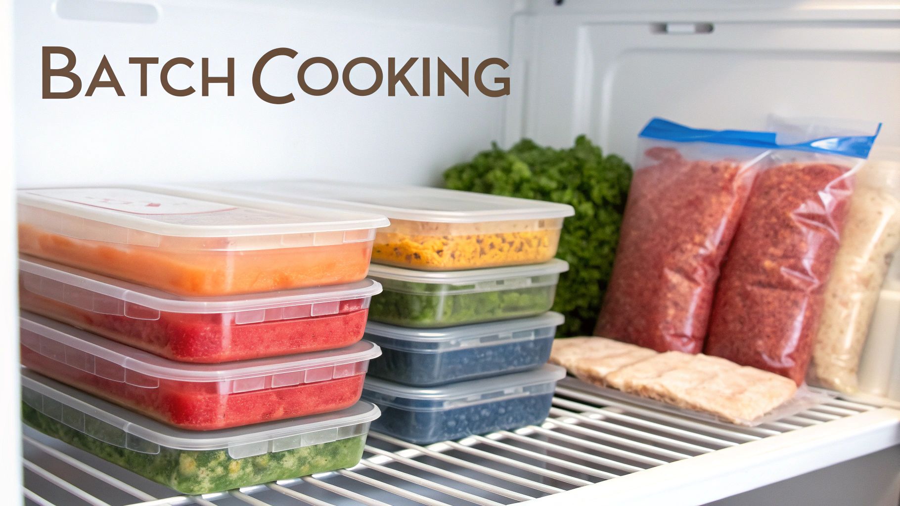 A refrigerator shelf filled with various colorful prepped meals in plastic containers and freezer bags for batch cooking.