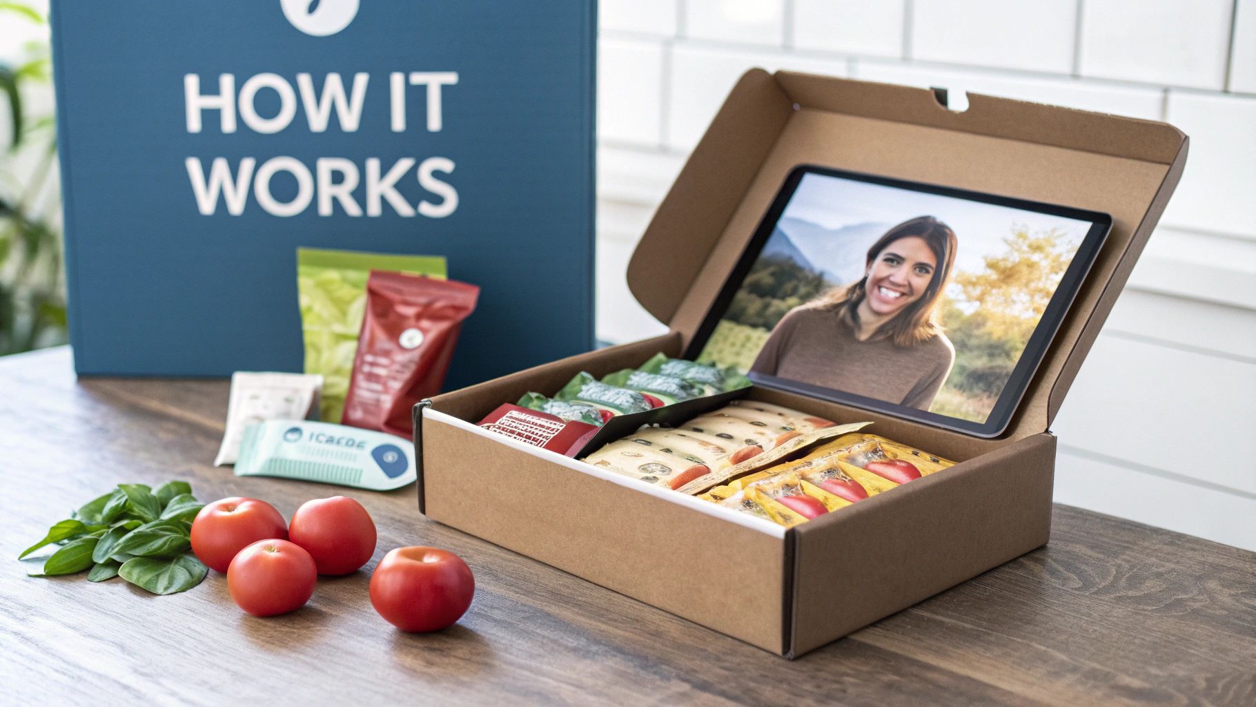 A parent and child looking happily into a box of healthy snacks.