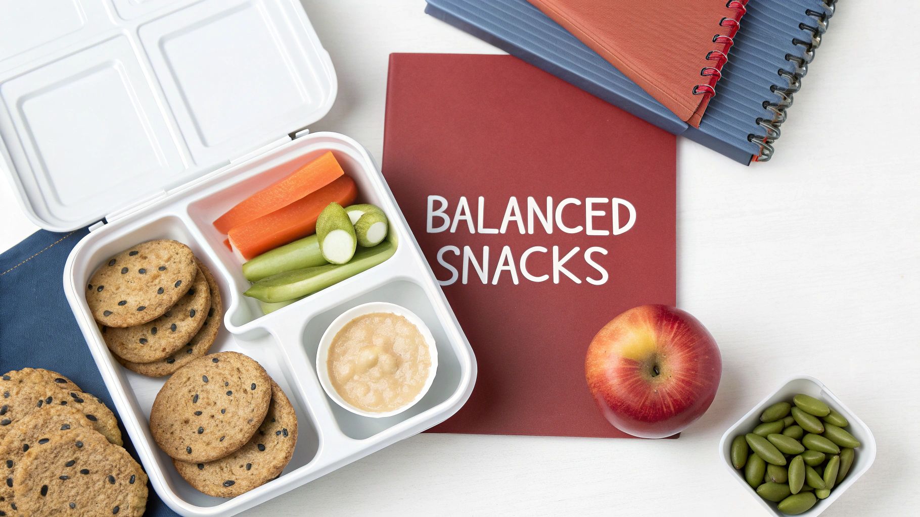 A parent and child looking at the back of a snack package together in a grocery store.