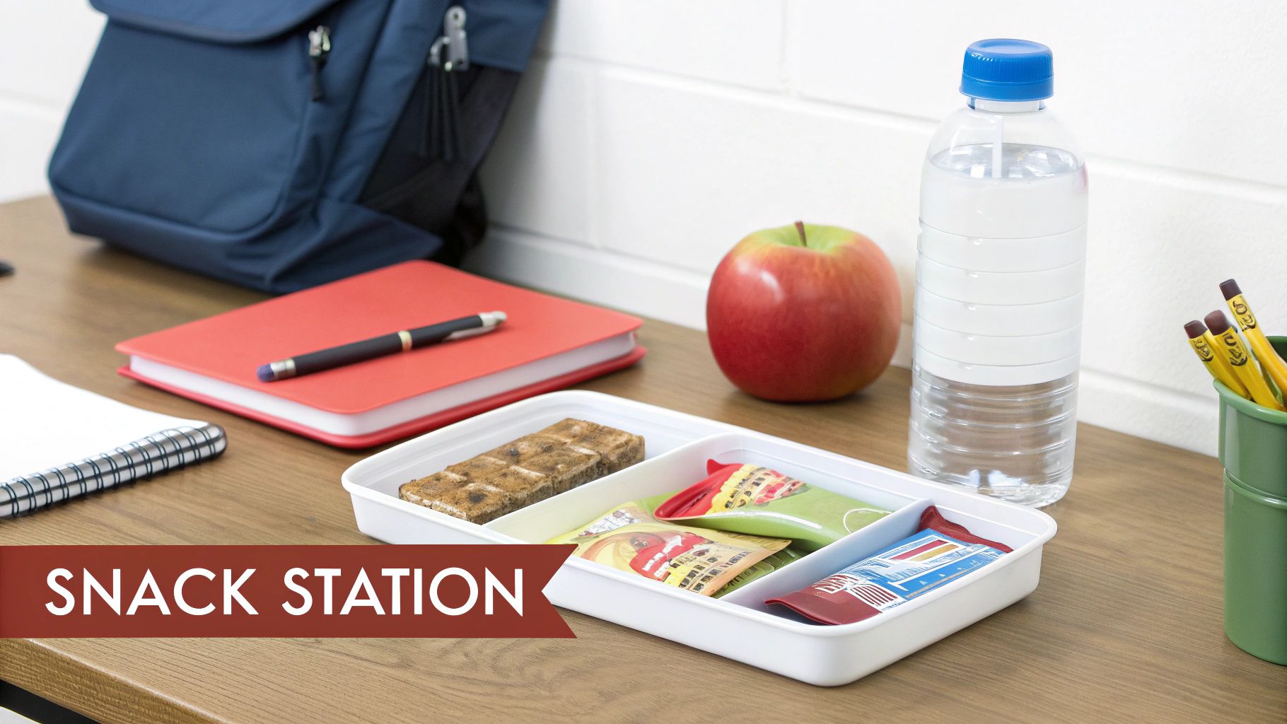 Close-up of a healthy snack station with an apple, water, granola bar, and packaged snacks on a wooden desk.