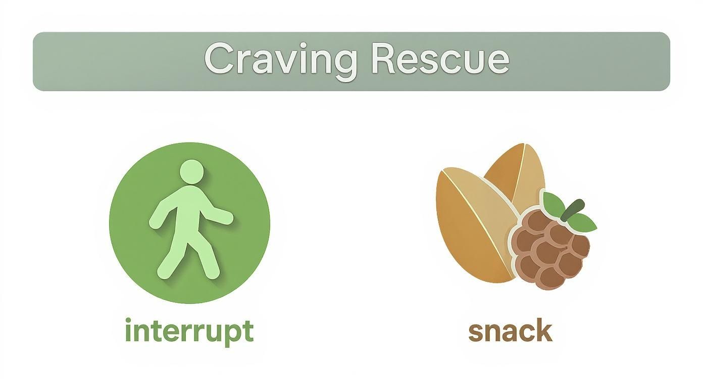 A graphic titled 'Craving Rescue' showing 'interrupt' with a walking person icon and 'snack' with nuts and a berry.