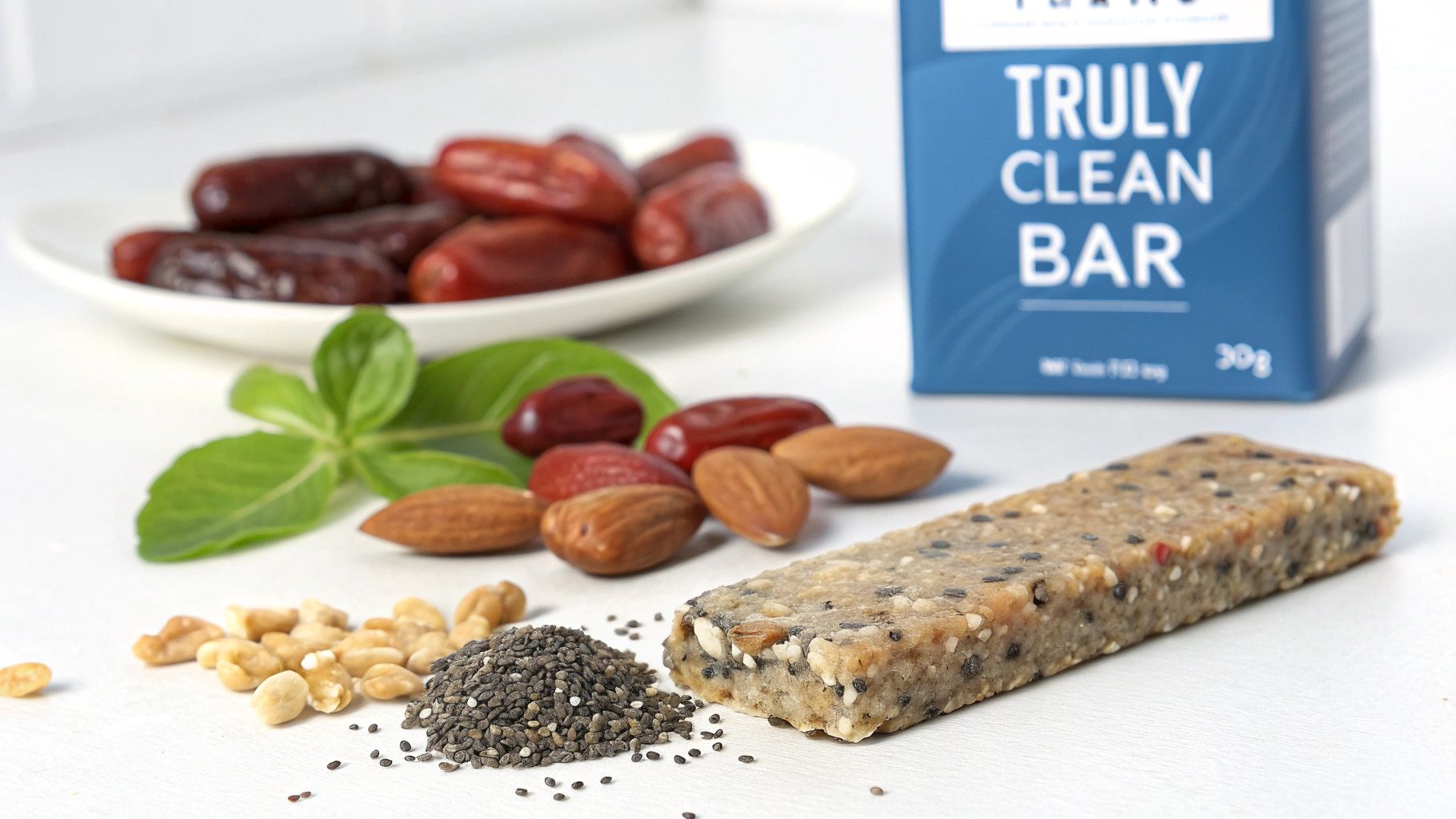 A hand holding a clean protein bar with nuts and dates visible