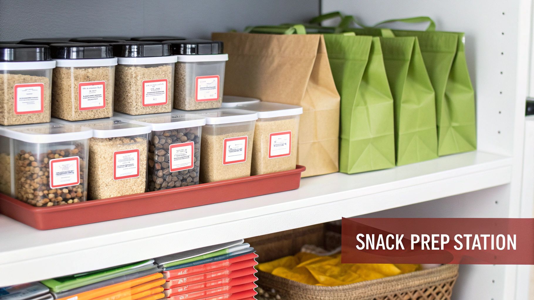 A neatly organized snack prep station with clear containers of various dry snacks on a red tray and green bags on white shelves.