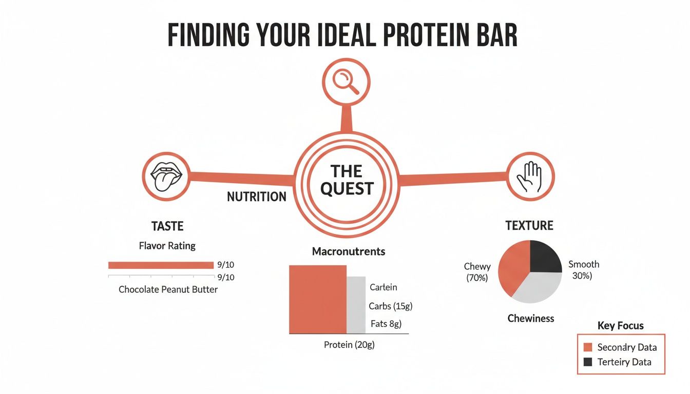 Infographic detailing the quest for an ideal protein bar, focusing on taste, nutrition, and texture attributes.