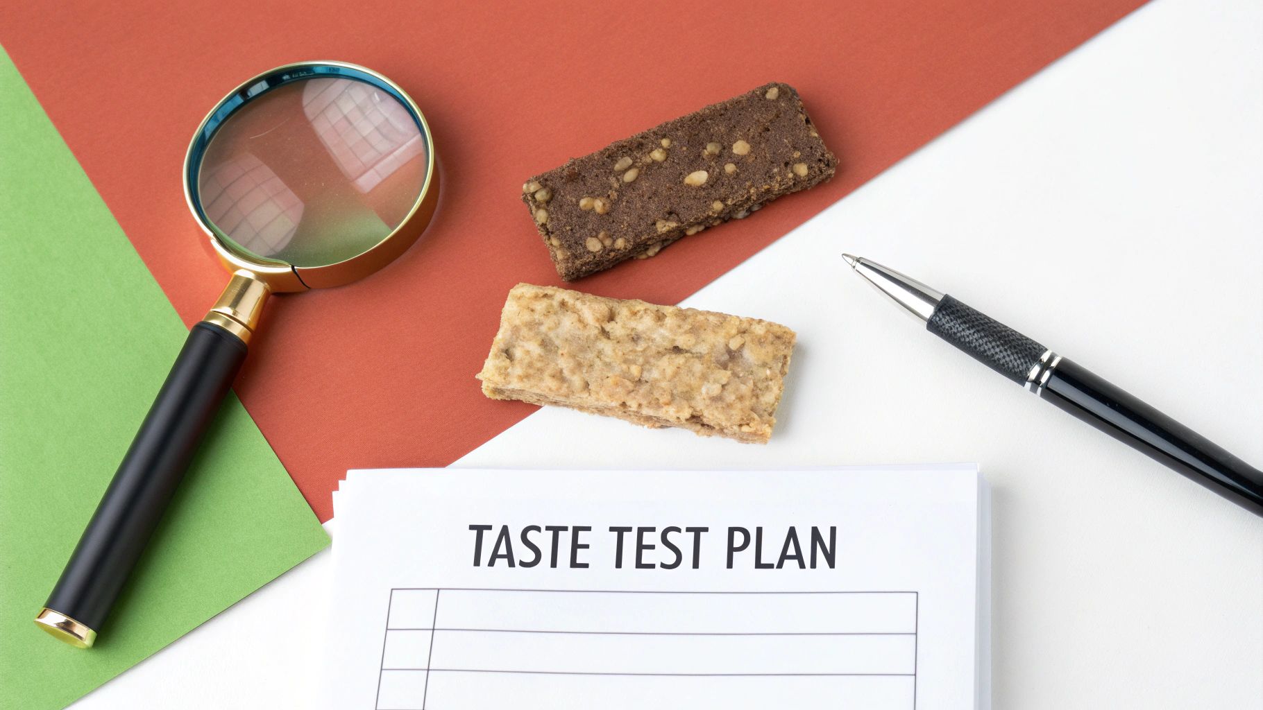 A flat lay of a taste test plan with two snack bars, a pen, and a magnifying glass.