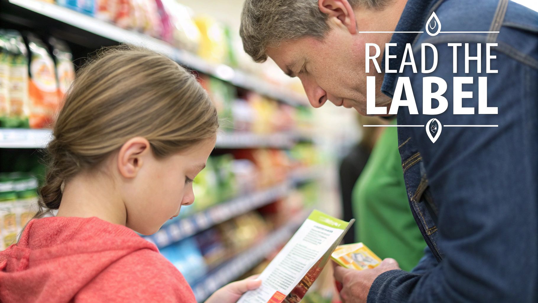 Father and daughter in a grocery store aisle intently reading product labels, promoting awareness.