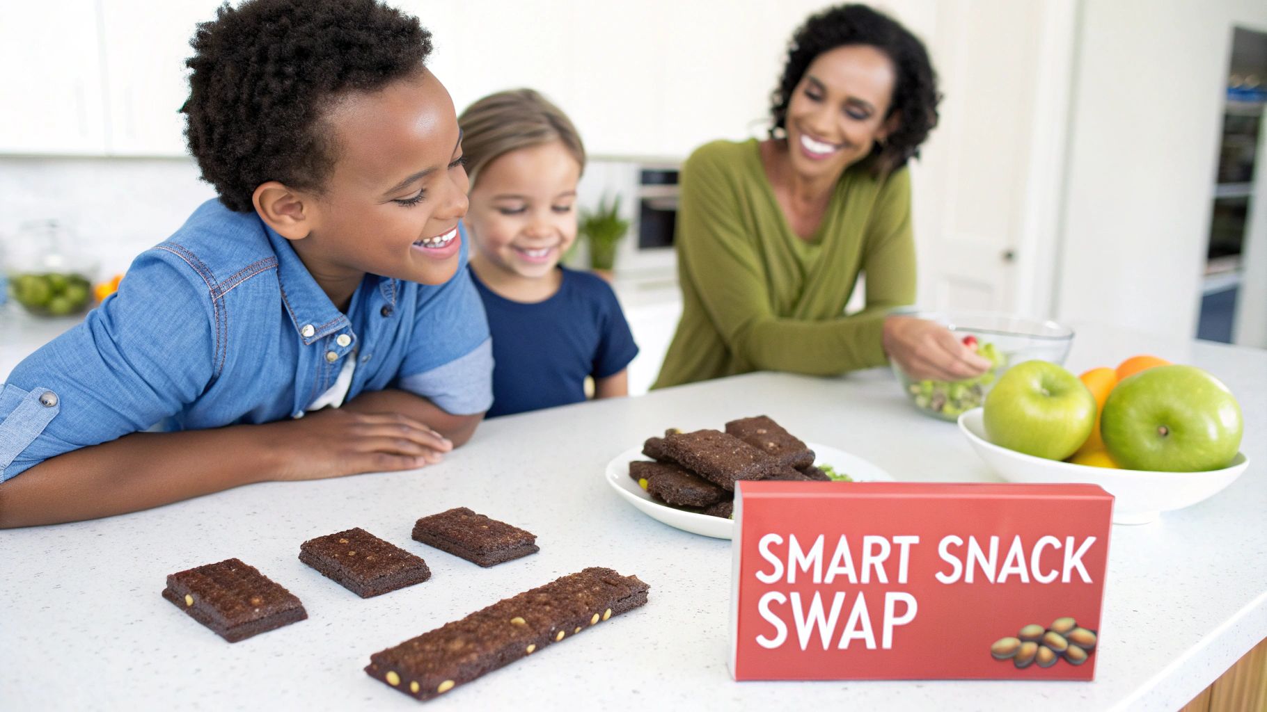 A smiling mother and two children in a kitchen with healthy snack bars and fresh fruit.