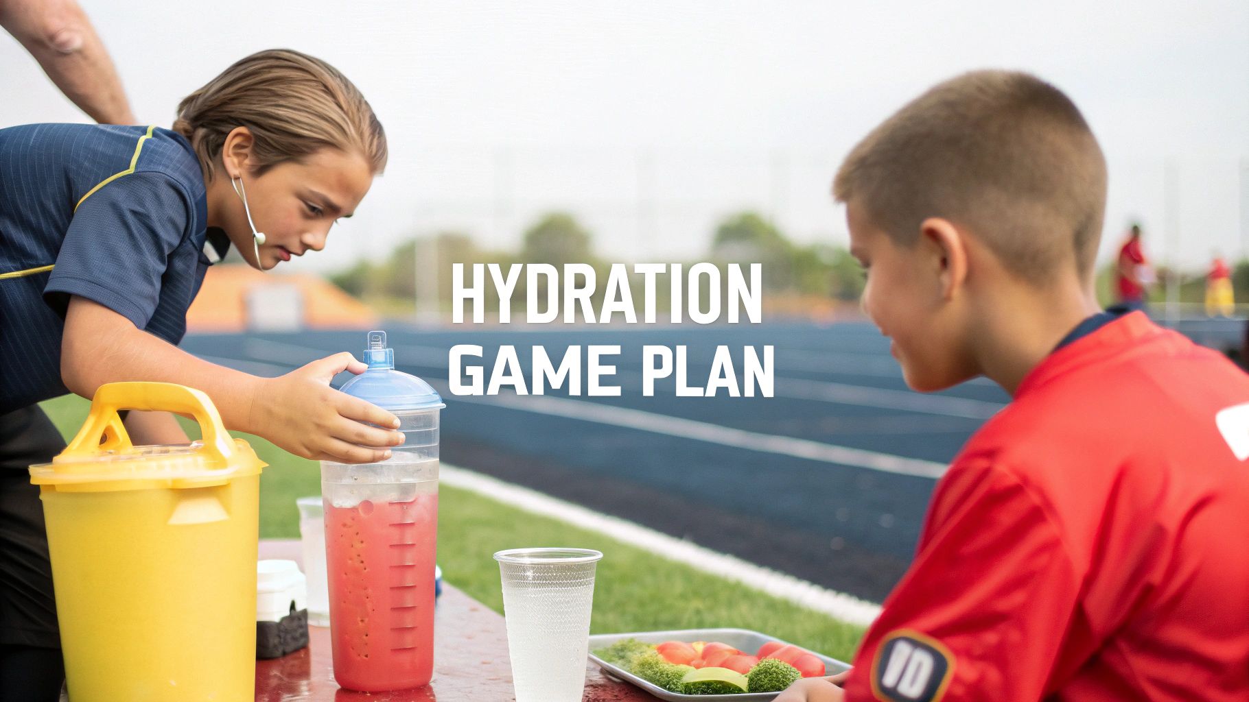 Young athletes at a hydration station on a sports field with drinks and healthy snacks.