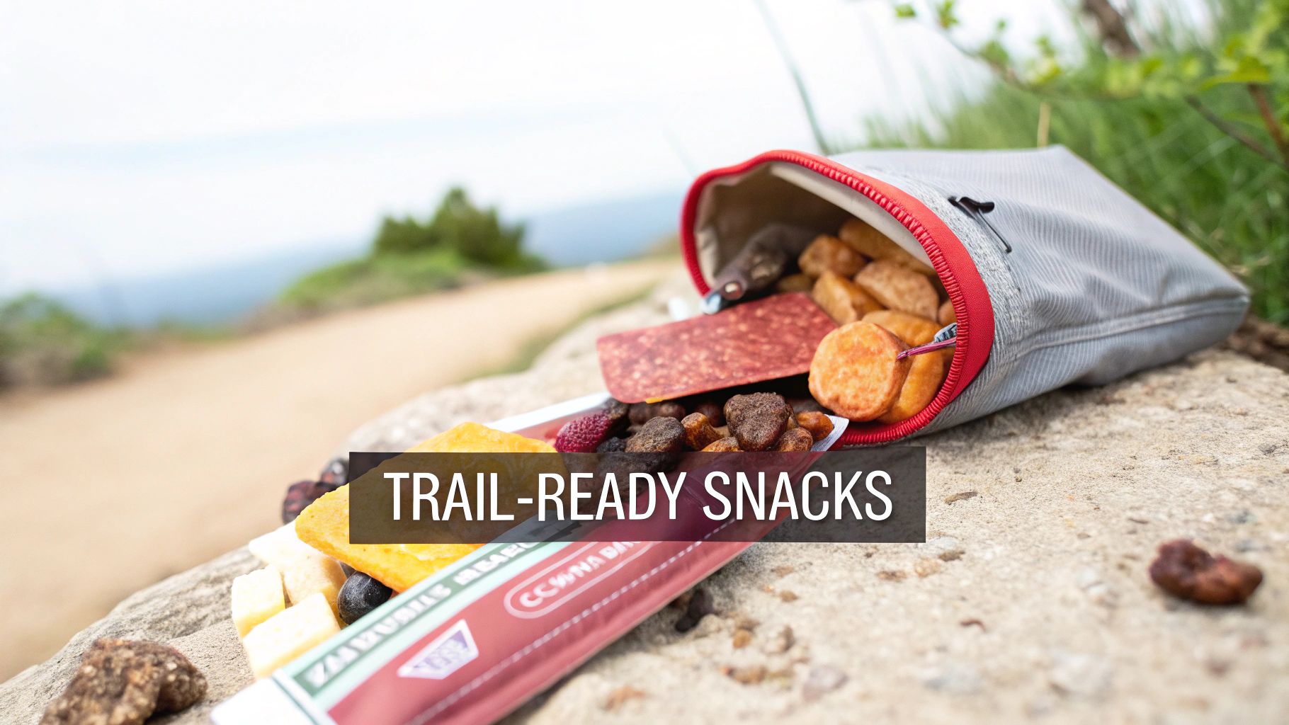 A gray pouch spilling various trail-ready snacks like dried fruit, cheese, and crackers onto a stone surface outdoors.