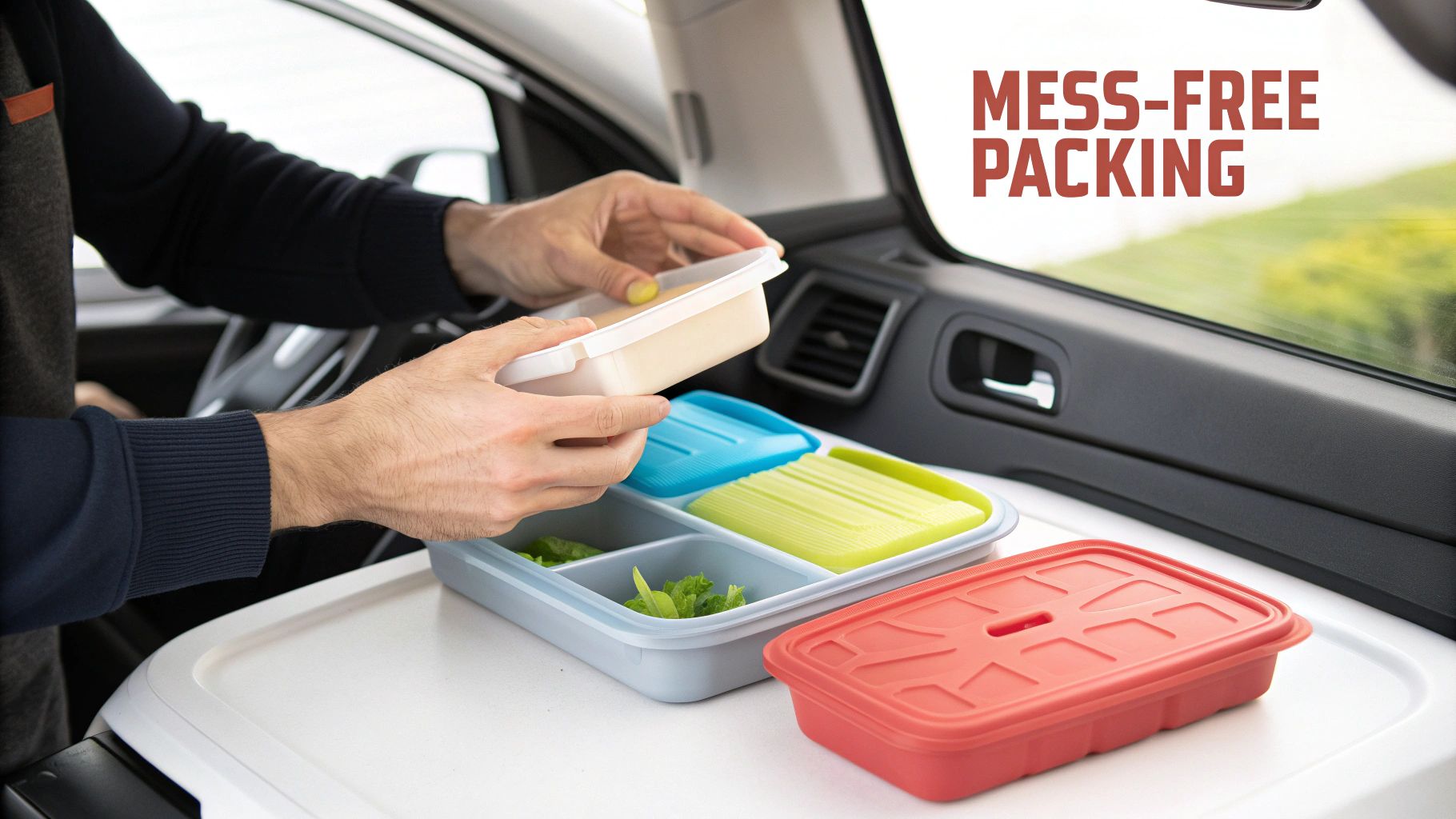 A well-organized snack box with different compartments for fruits, crackers, and other treats, perfect for a car ride.
