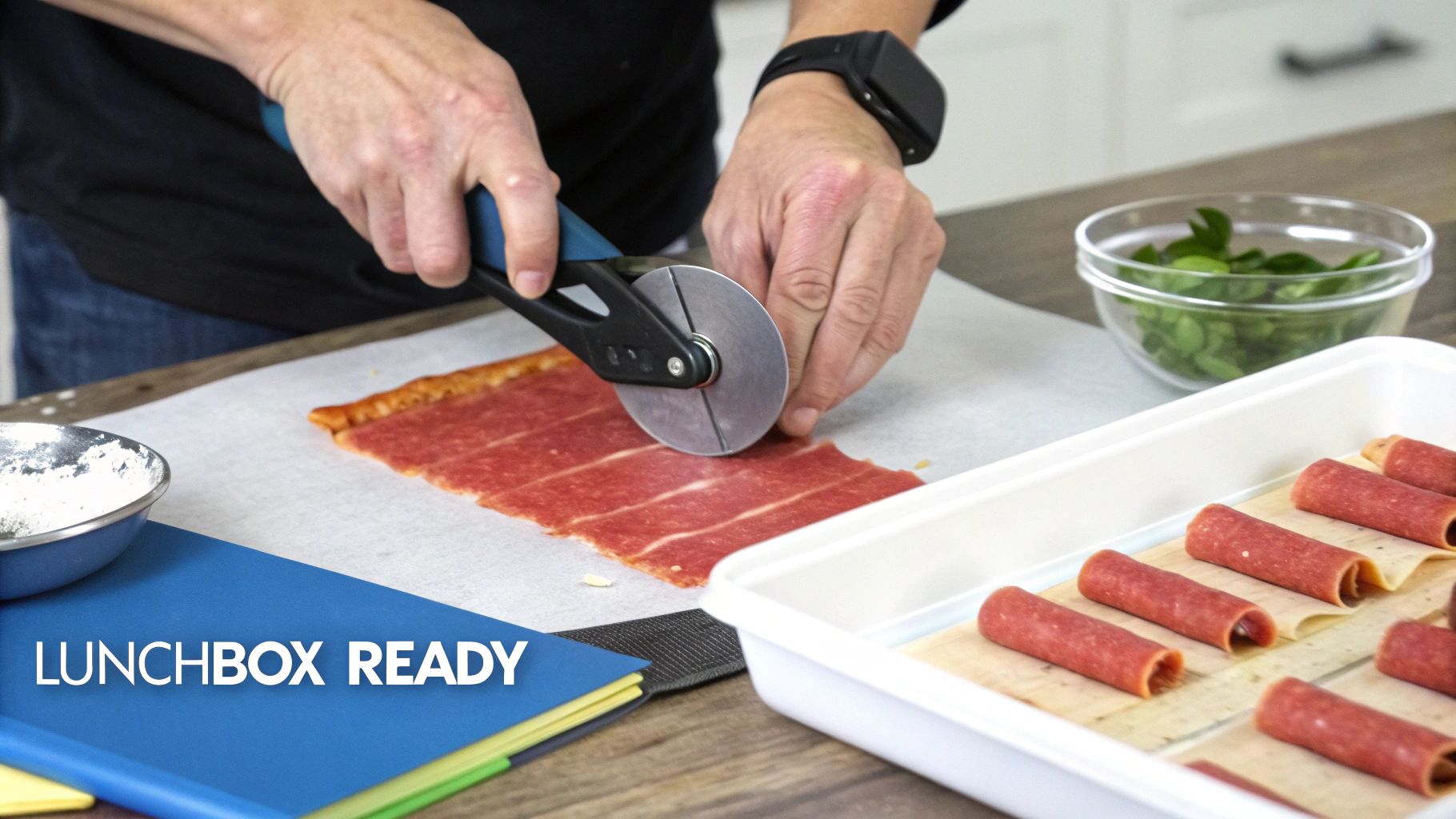 A person uses a pizza cutter to slice red fruit leather into strips, preparing snacks for a lunchbox.