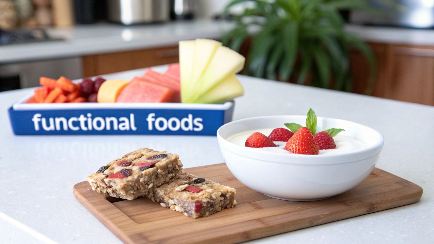A healthy snack spread featuring a blue tray of functional foods, yogurt with strawberries, and granola bars on a counter.
