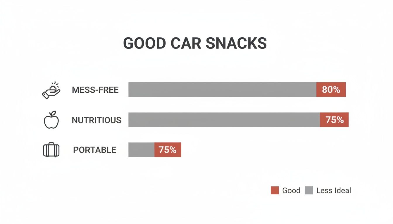 Bar chart illustrating good car snack characteristics: 80% mess-free, 75% nutritious, and 75% portable.