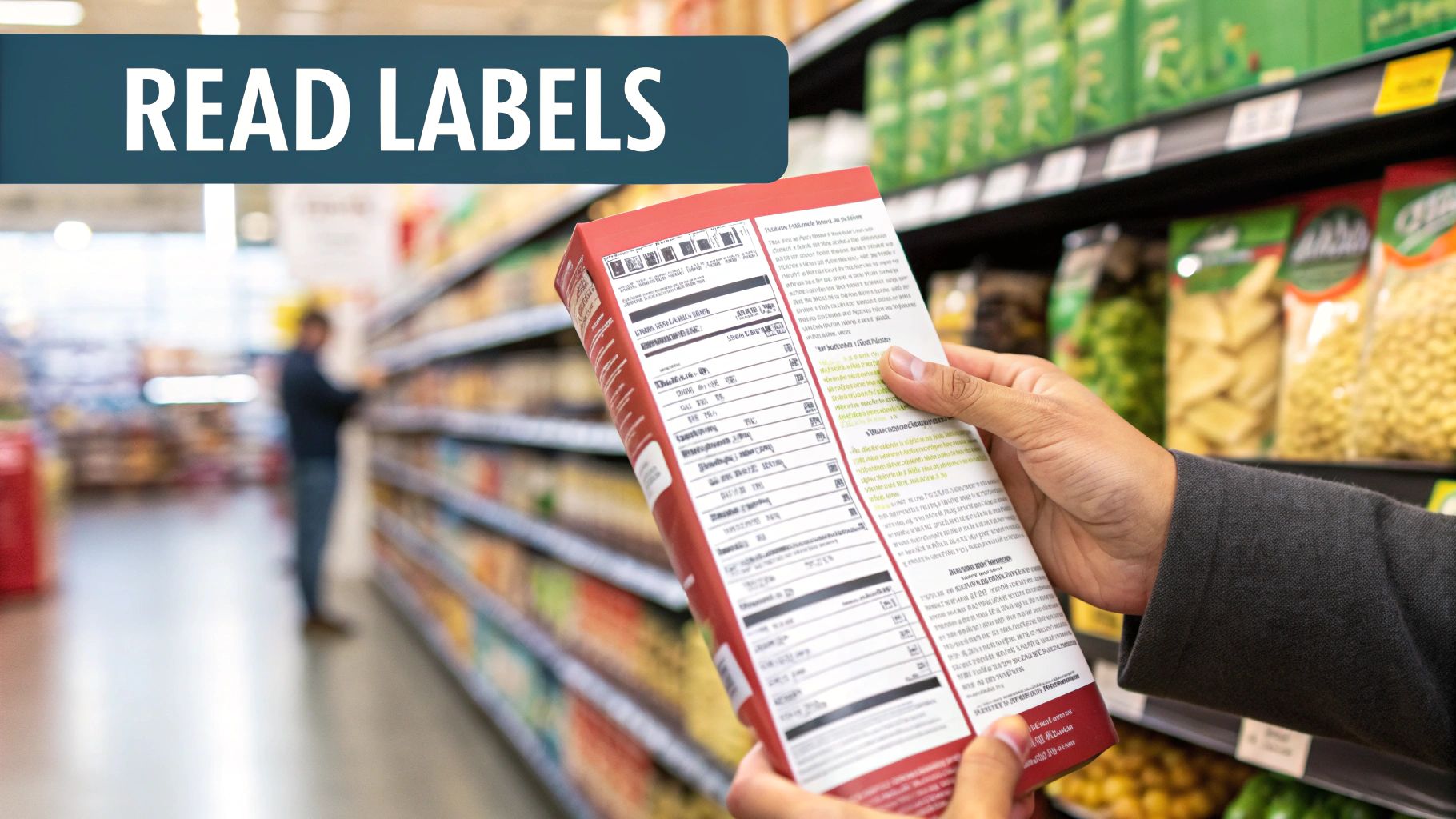 A person closely examining the nutrition facts and ingredient list on the back of a food package.