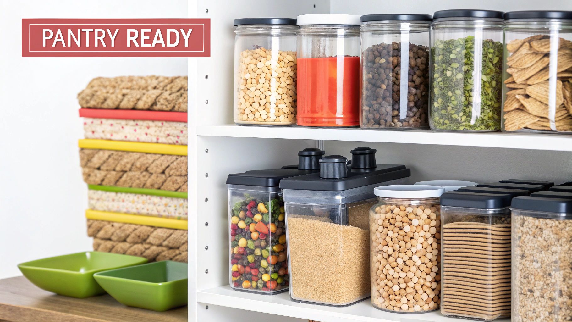 A well-organized pantry with jars of healthy snacks like nuts, seeds, and dried fruits.
